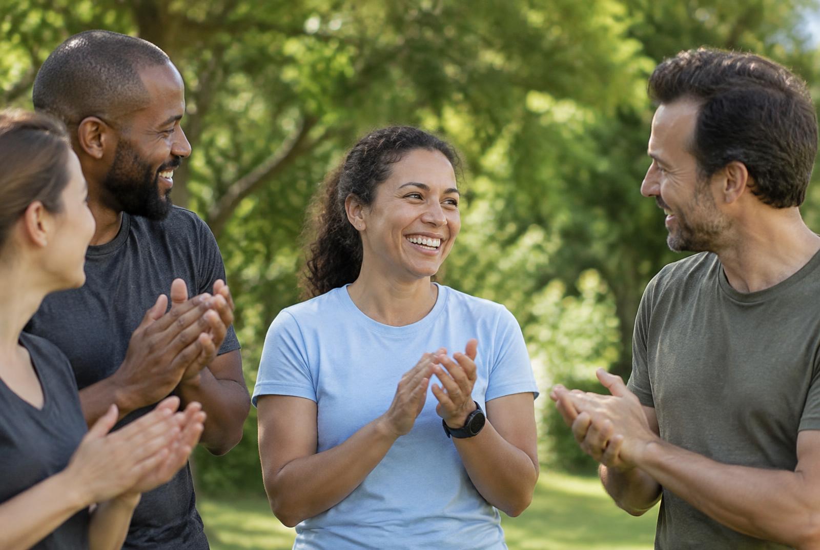 A group of adults talking and applauding together outdoors