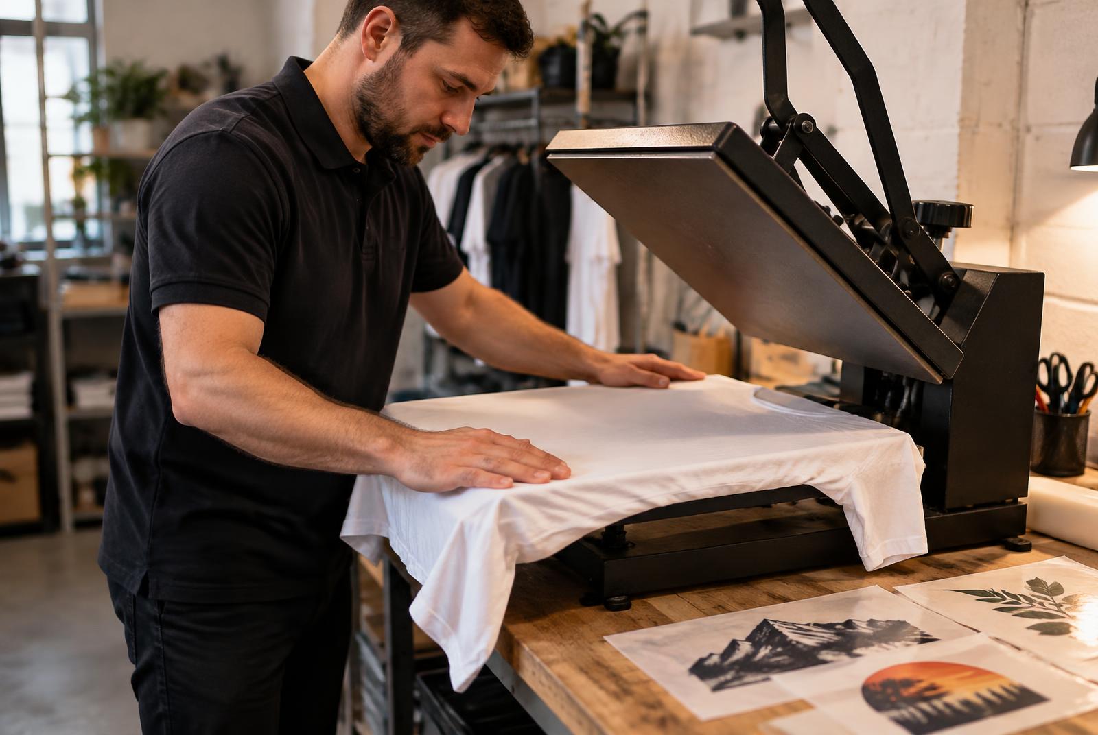 Pressing a printed design onto a t-shirt in the workshop